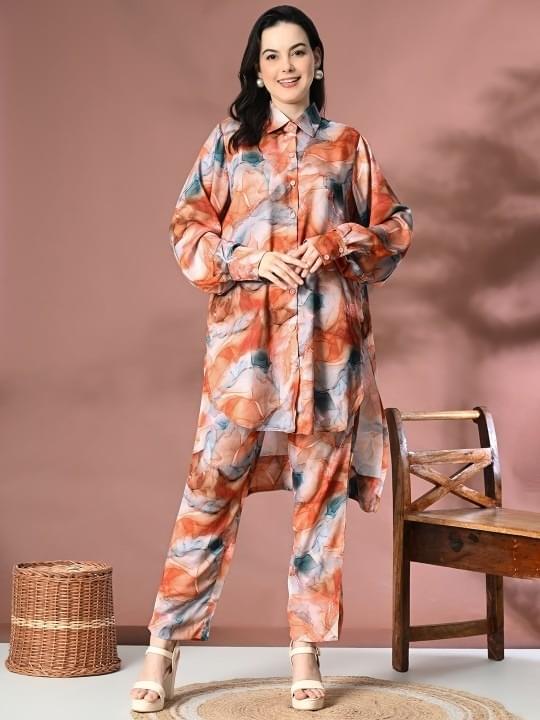 Abstract Printed Shirt Collar Tunic With Trouser