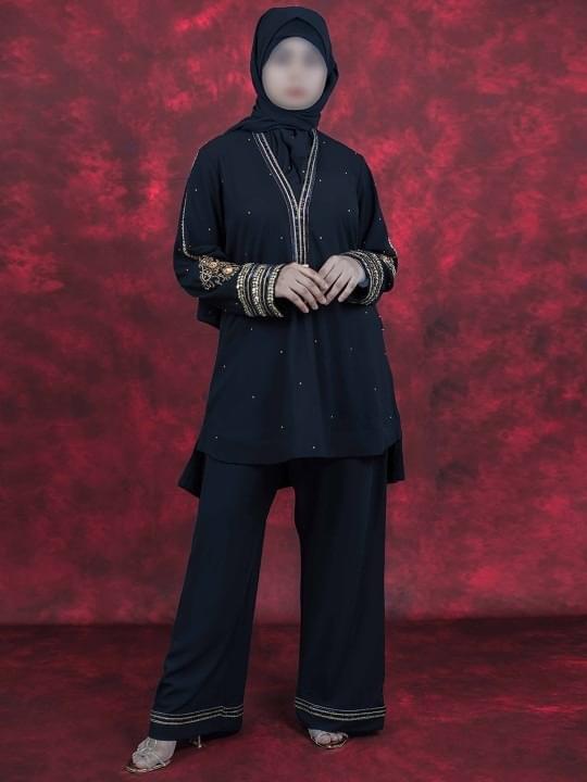 Embellished Long Sleeves V-Neck Tunic With Trouser