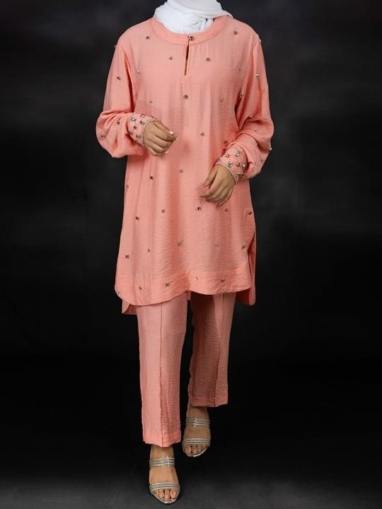 Keyhole Neck Embellished Top With Trouser